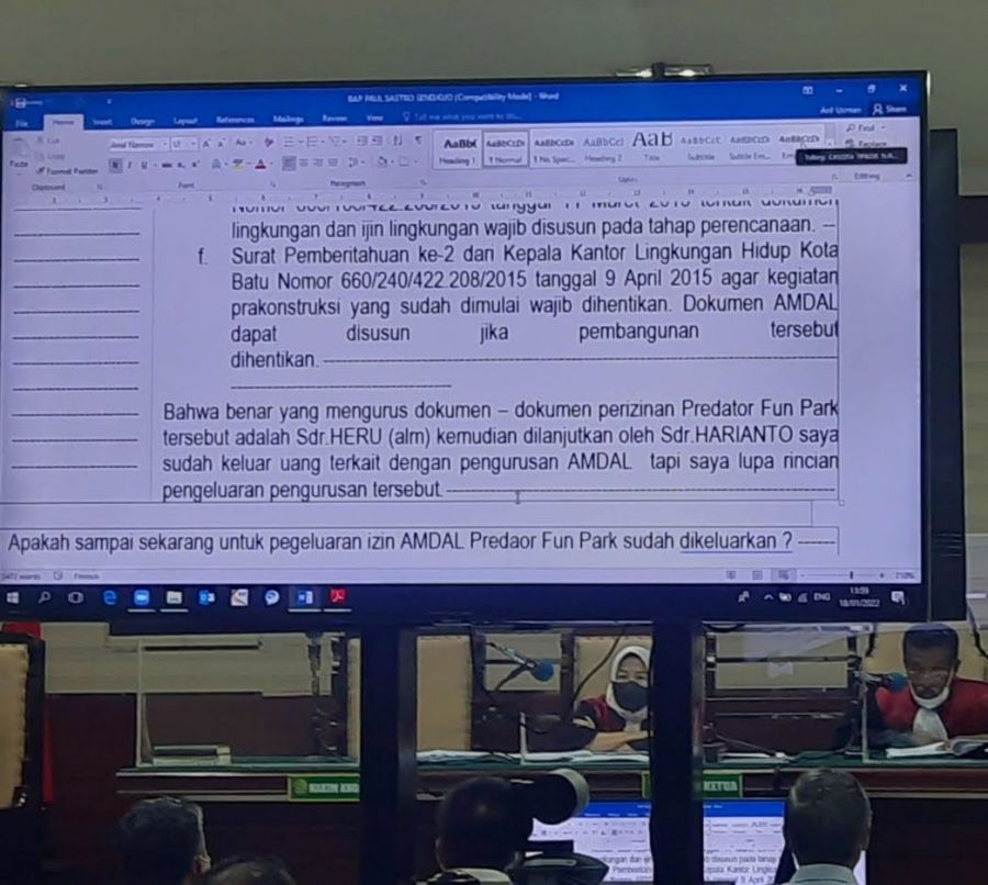 Dugaan Gratifikasi ER, Perizinan PP Kota Batu Disebut Dalam Fakta Persidangan PN Tipikor Surabaya